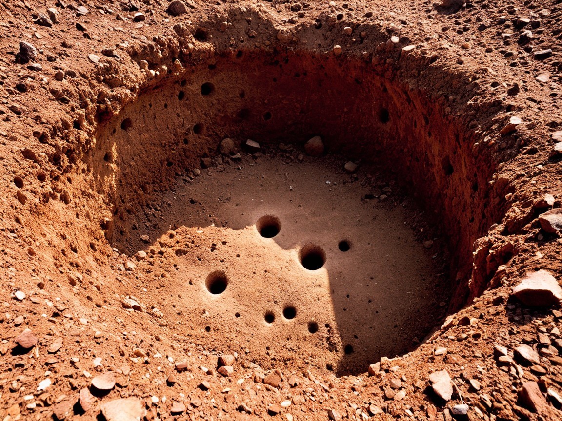 Circular Excavation on Reddish-Brown Rocky Terrain