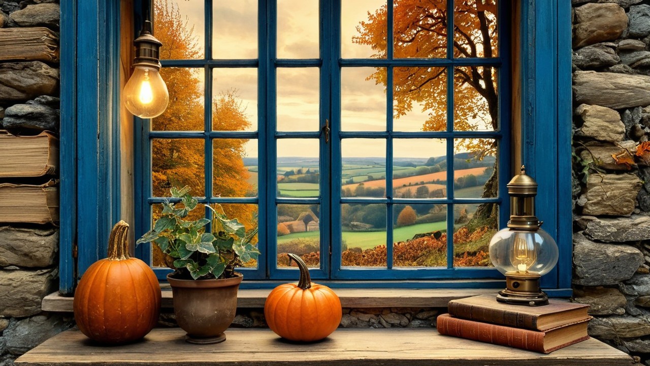 Cozy Window Scene with Autumn Foliage and Decor