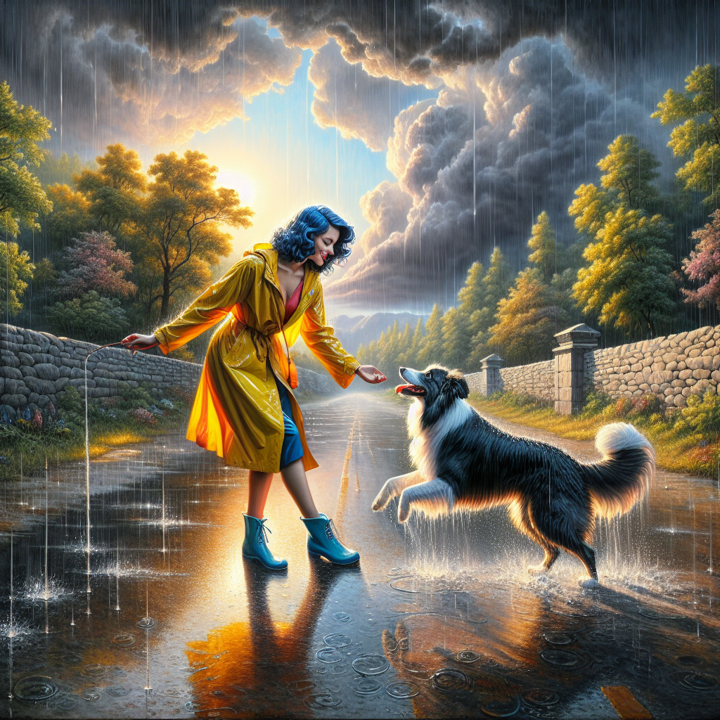 Woman in Yellow Raincoat with Collie in Rainy Scene