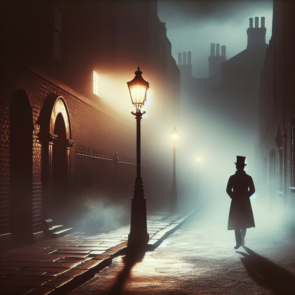 Mysterious Figure in Foggy Victorian Alley Scene