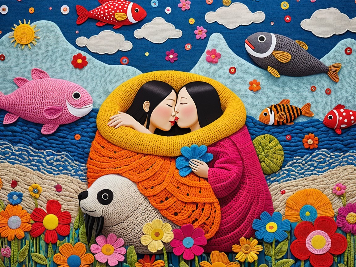 Women Embracing in Colorful Landscape with Aquatic Creatures