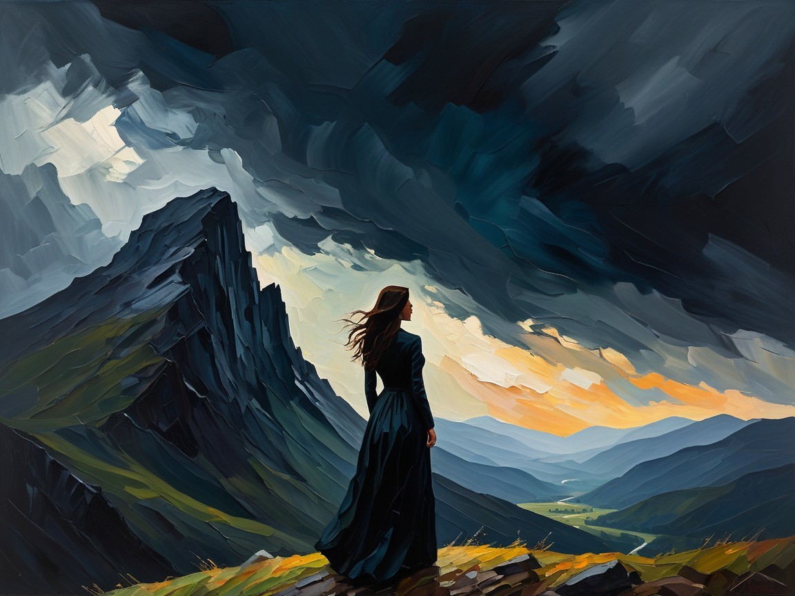 Solitary Figure in Black Dress Against Mountain Landscape