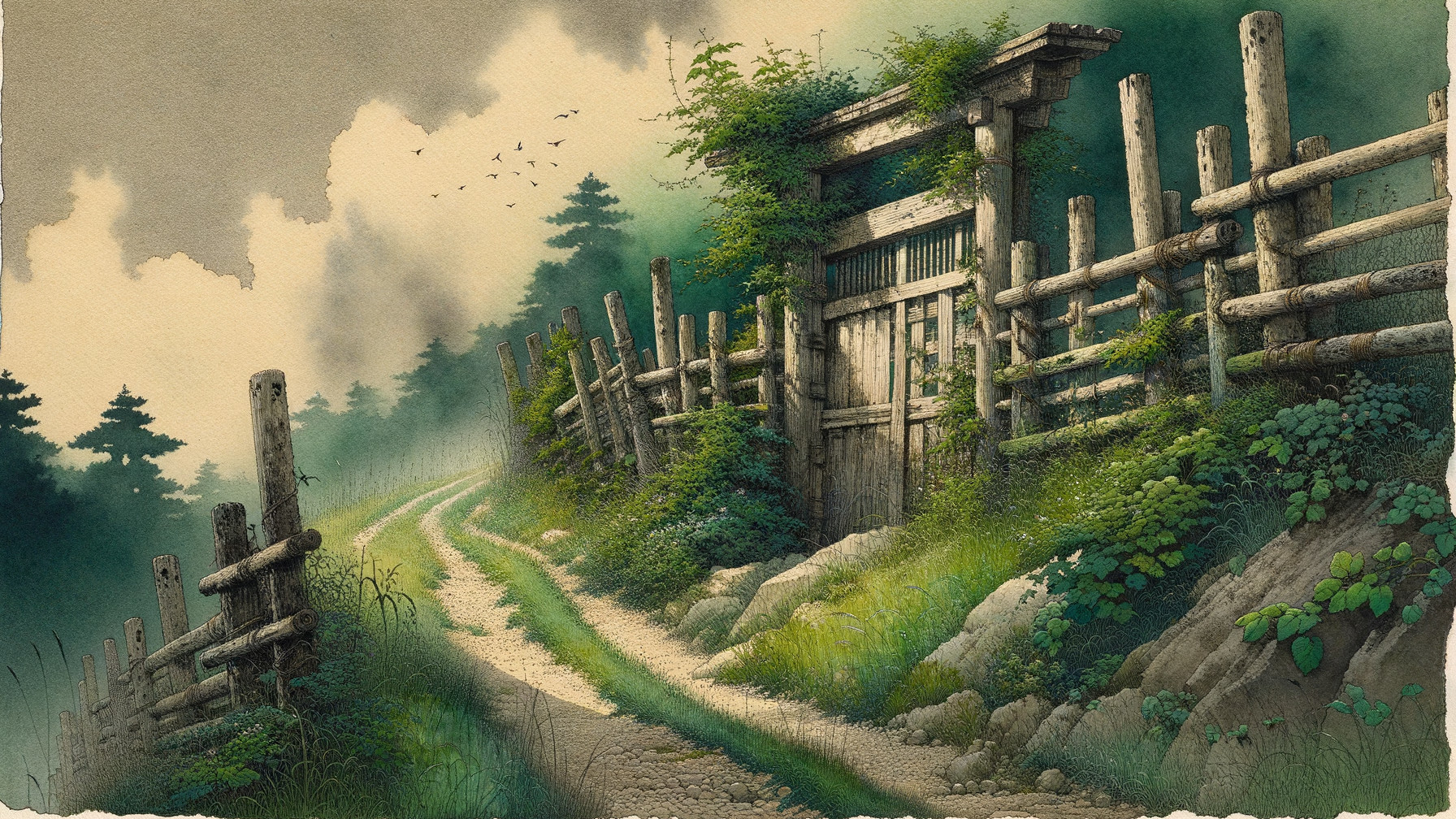 Tranquil Landscape with Winding Path and Wooden Gate