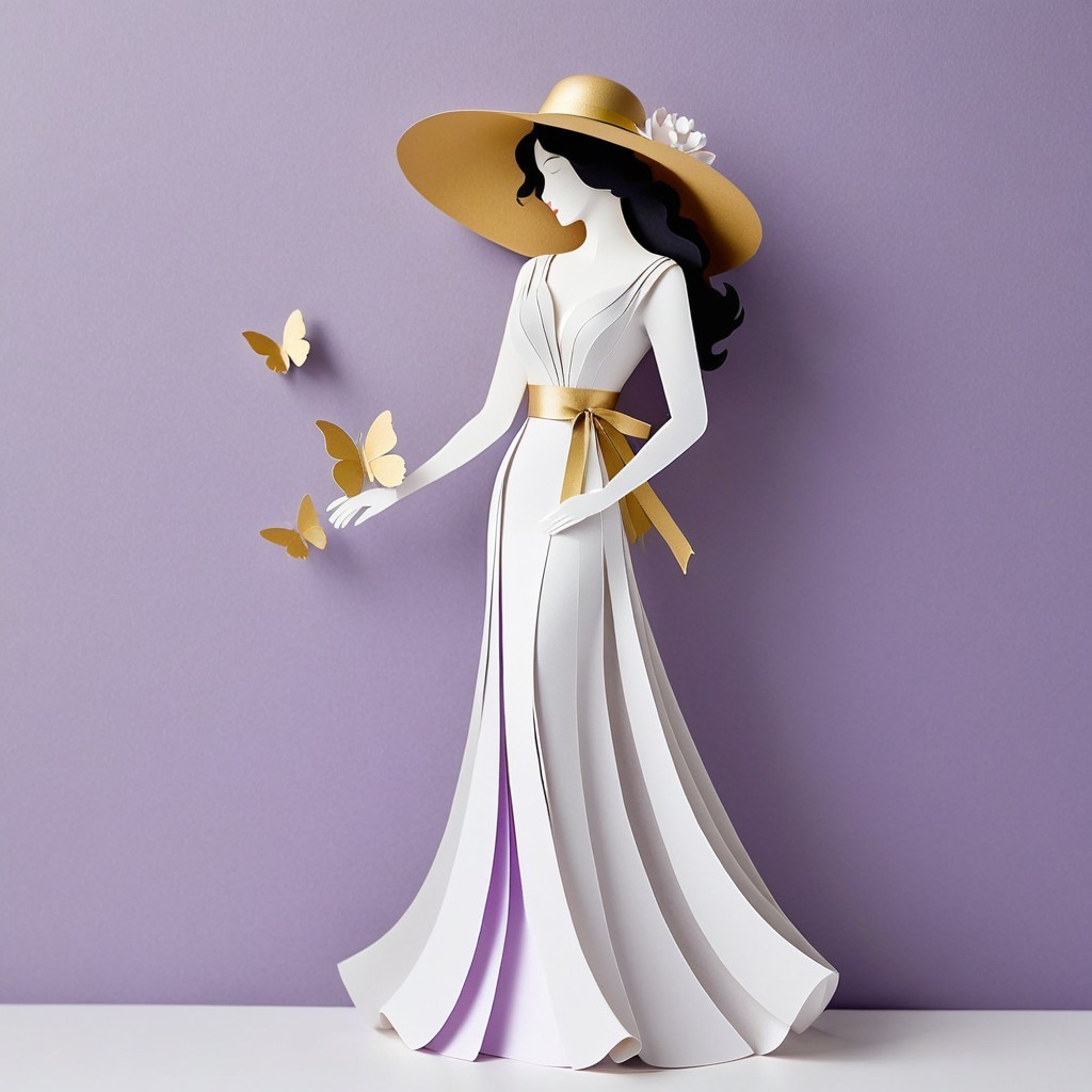 Stylized Paper Art of Woman in White Gown and Butterflies