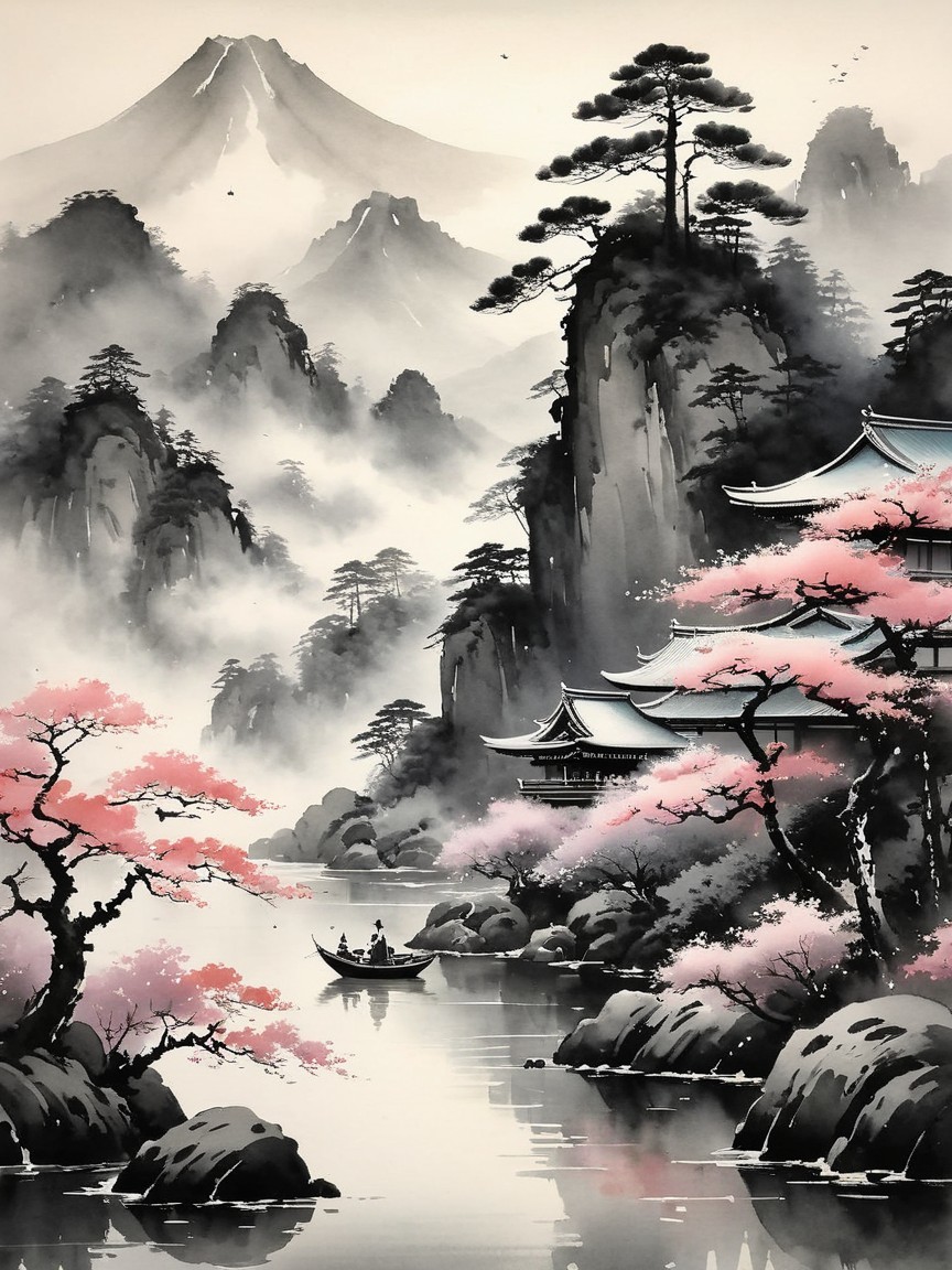Serene Landscape with Mountains and Cherry Blossoms