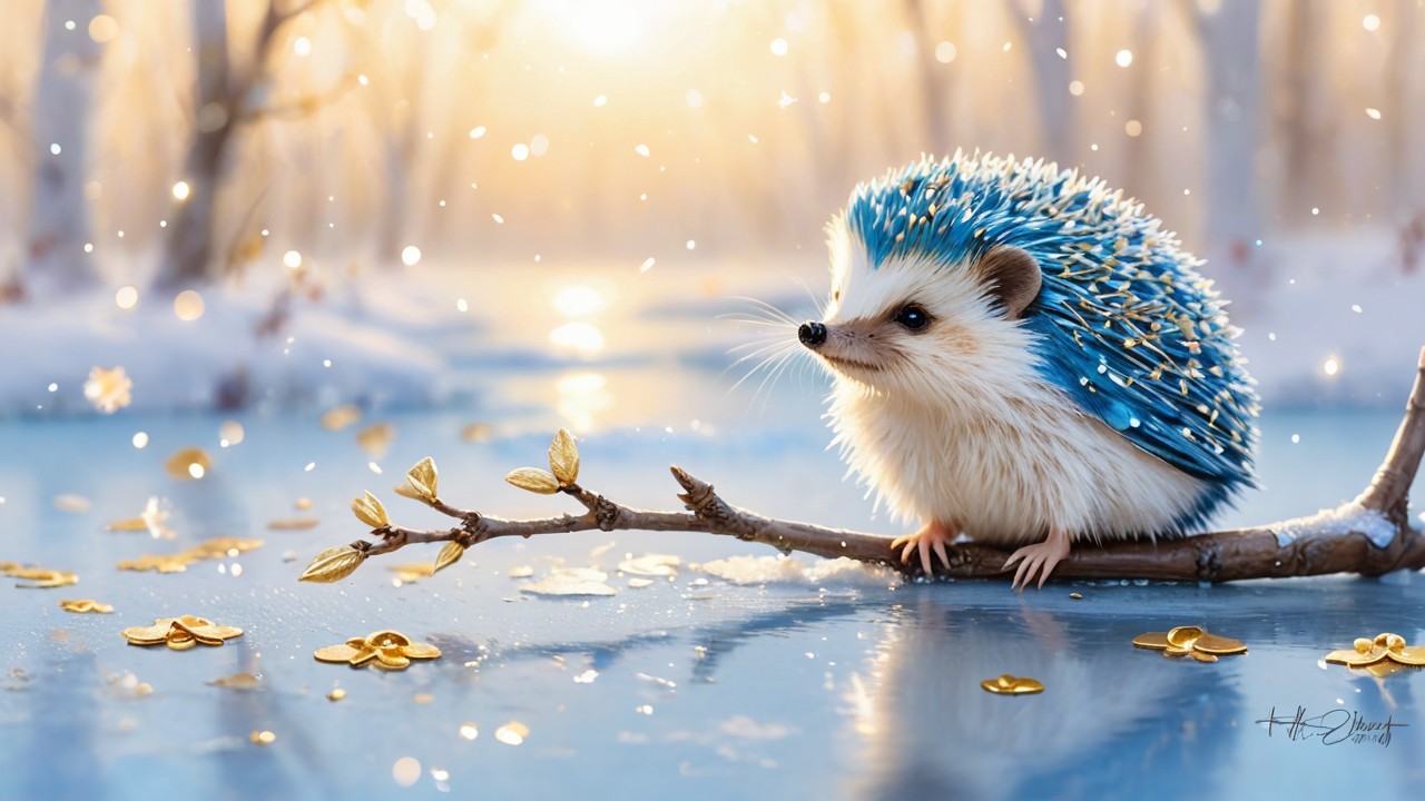Hedgehog on Branch Above Frozen Lake with Snowflakes