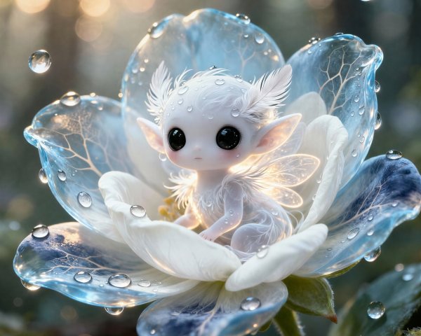 Baby Water Fairy with Feathery Wings and Droplets