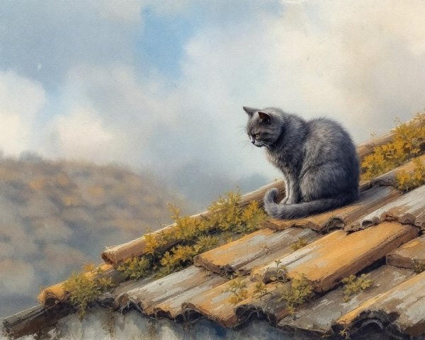 Gray Cat on Weathered Rooftop with Serene Backdrop
