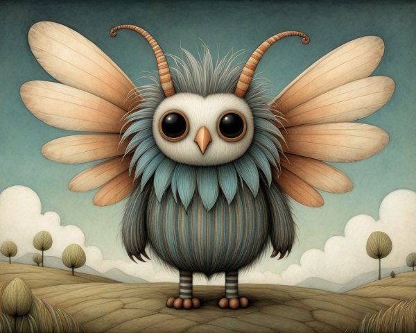 Whimsical Owl-Butterfly Creature in Serene Landscape