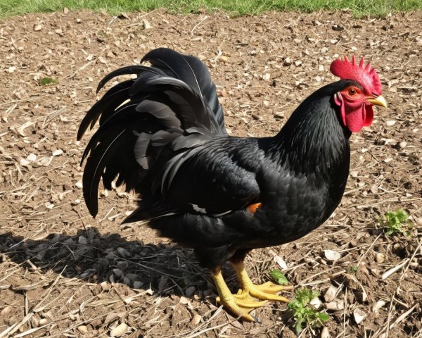 Black Rooster with Glossy Feathers on Earthy Soil
