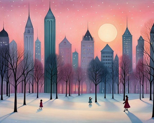 Vibrant Winter City Scene with Full Moon and Snowflakes