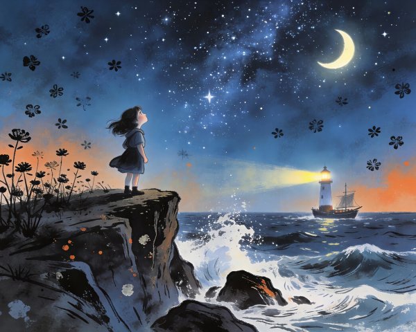 Whimsical Ocean Cliff Scene with Night Sky and Lighthouse