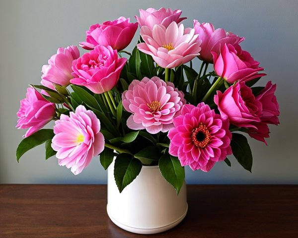 White vase with pink flower bouquet on wood surface