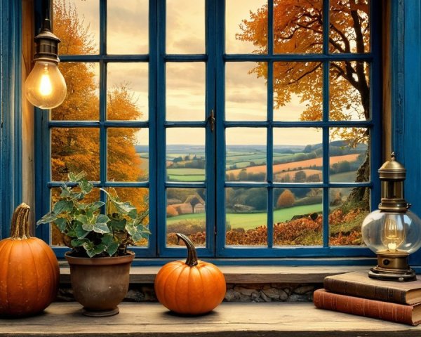 Cozy Window Scene with Autumn Foliage and Decor