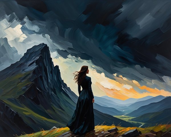 Solitary Figure in Black Dress Against Mountain Landscape