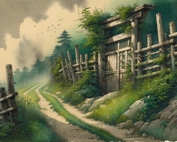 Tranquil Landscape with Winding Path and Wooden Gate