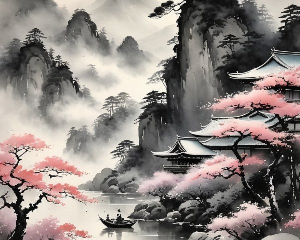 Serene Landscape with Mountains and Cherry Blossoms