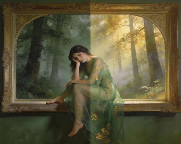 Young woman in flowing dress beside ornate picture frame