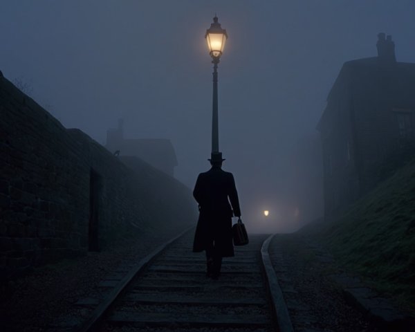 Solitary Figure in Foggy Street with Vintage Lamppost