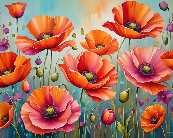 Vibrant Poppy Field with Colorful Blooms and Foliage
