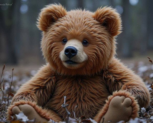Plush Teddy Bear in a Forest with Fallen Leaves