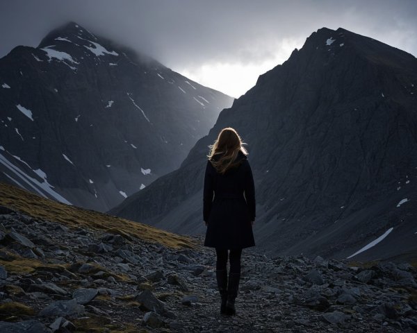 Solitary Figure on Rocky Path with Misty Mountains