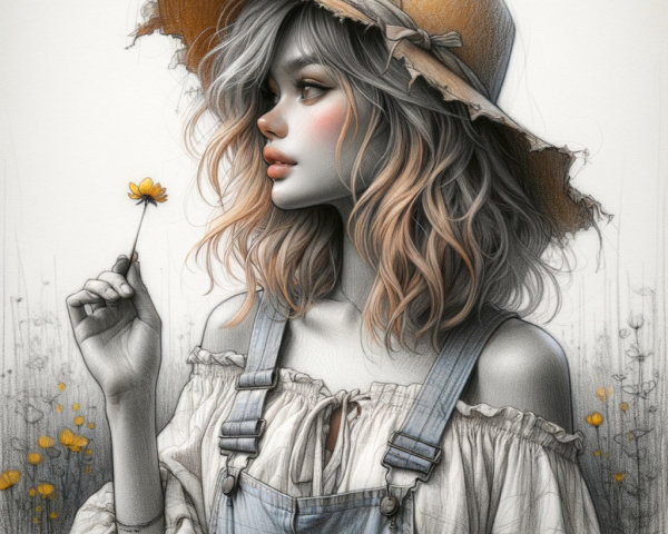 Young Woman in Field of Wildflowers with Yellow Bloom