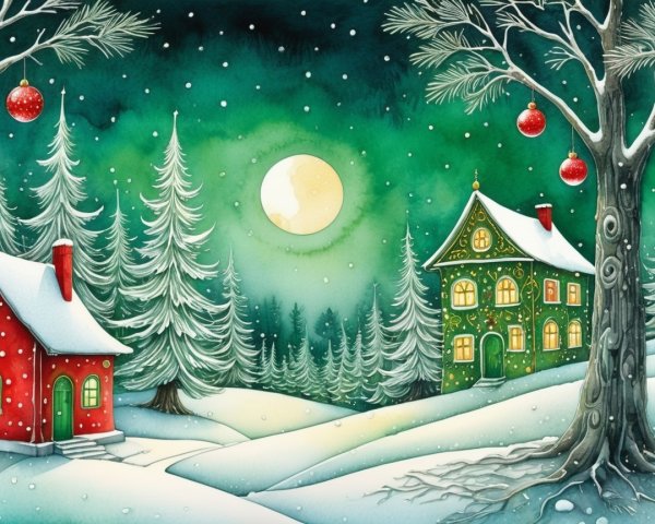 Winter Wonderland Watercolor with Snowy Cottages