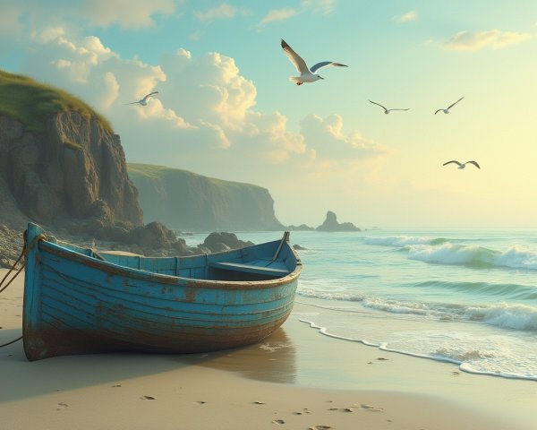 Serene Beach Scene with Blue Boat and Cliffs