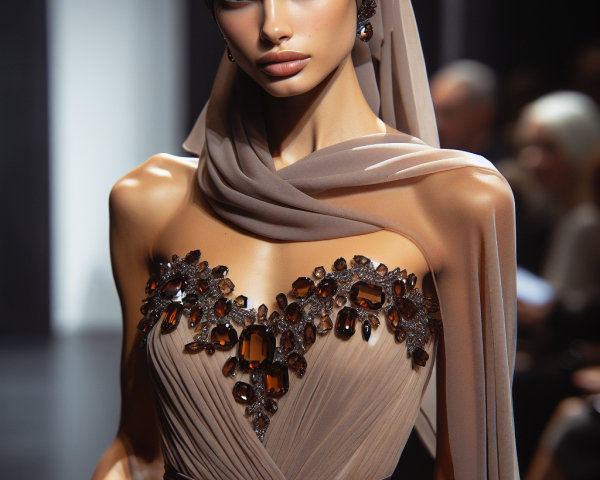Elegant Beige Gown with Jewel Accents and Headscarf