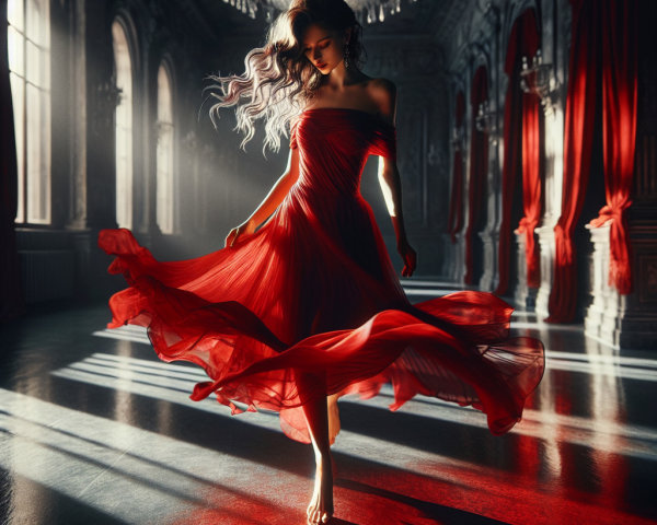 Elegant Figure in Red Dress in Dimly Lit Ballroom