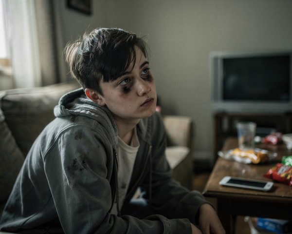 Close-up of a boy with dark circles and a hoodie
