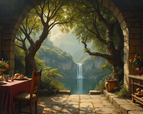Tranquil Lake View Through Stone Archway with Fruits