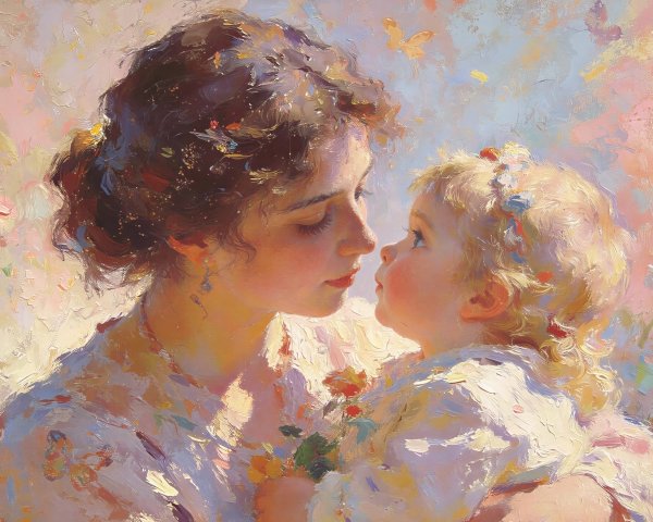 Impressionistic Oil Painting of Mother and Child