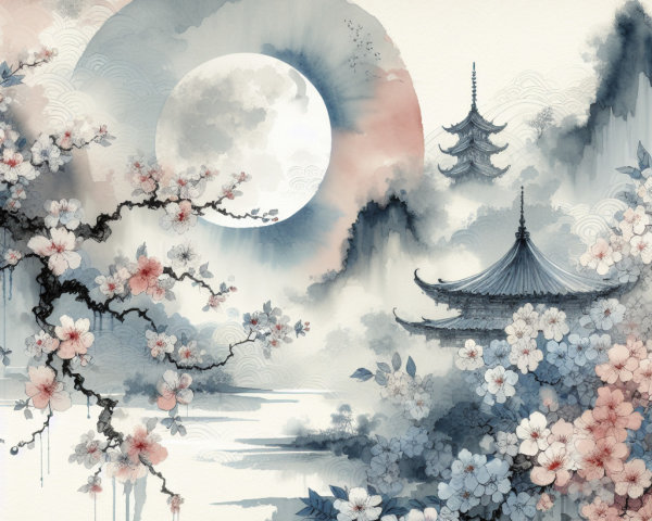 Serene landscape with water, cherry blossoms, and pagodas