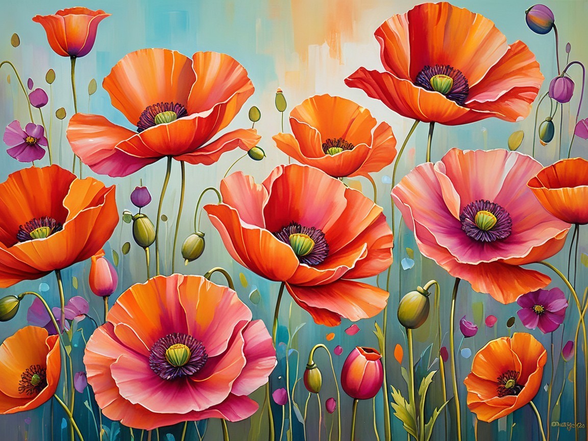 Vibrant Poppy Field with Colorful Blooms and Foliage