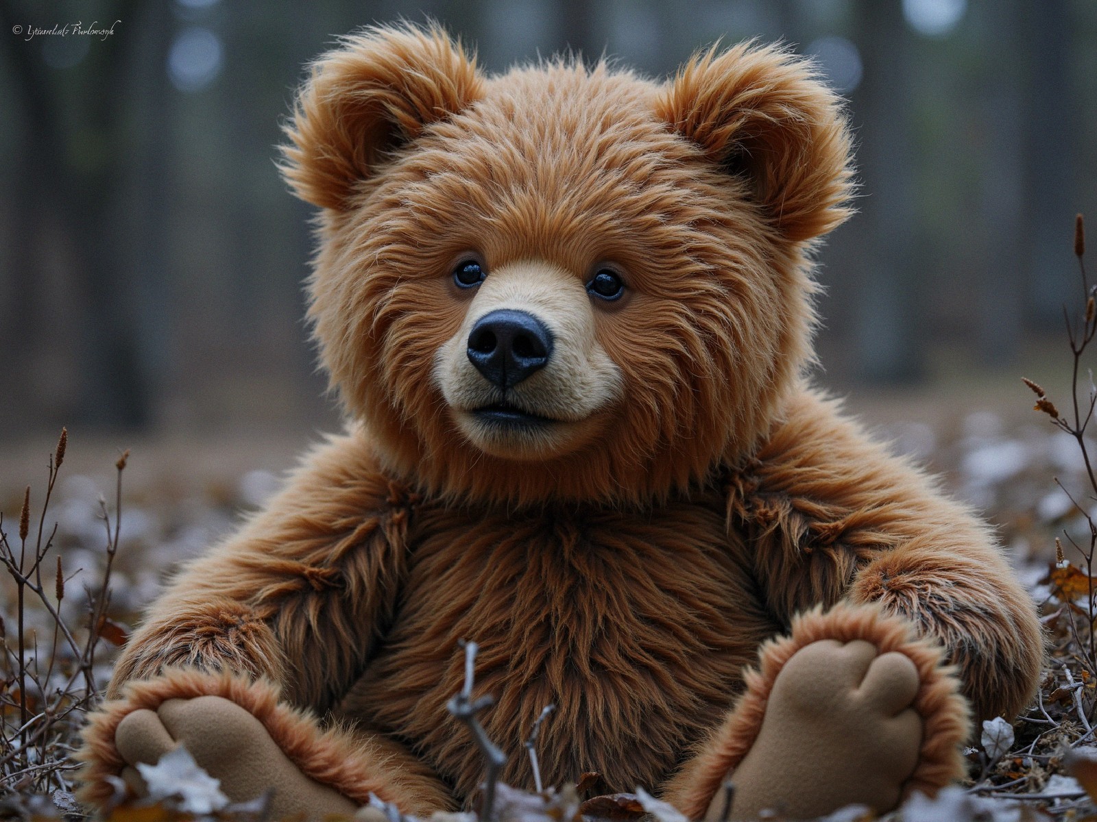 Plush Teddy Bear in a Forest with Fallen Leaves