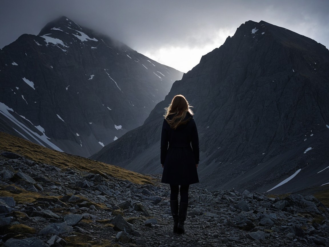 Solitary Figure on Rocky Path with Misty Mountains