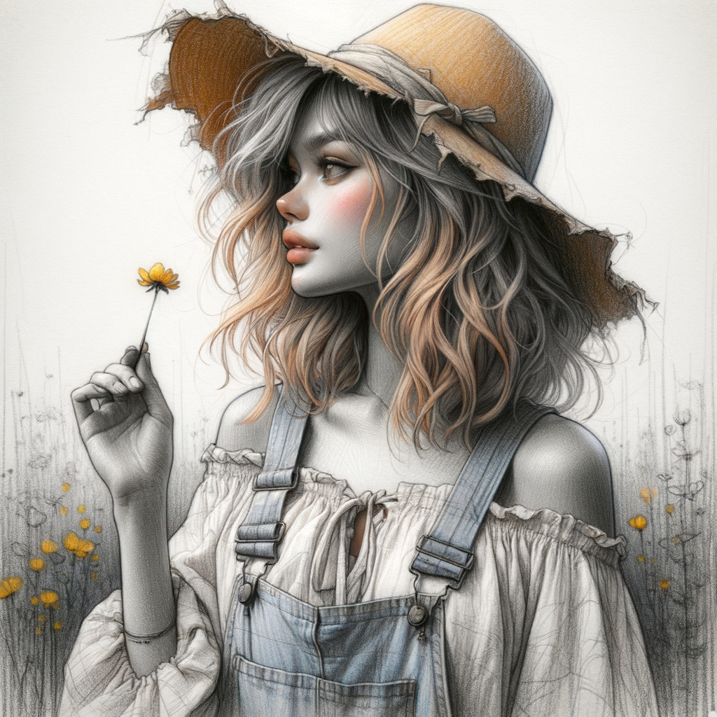 Young Woman in Field of Wildflowers with Yellow Bloom
