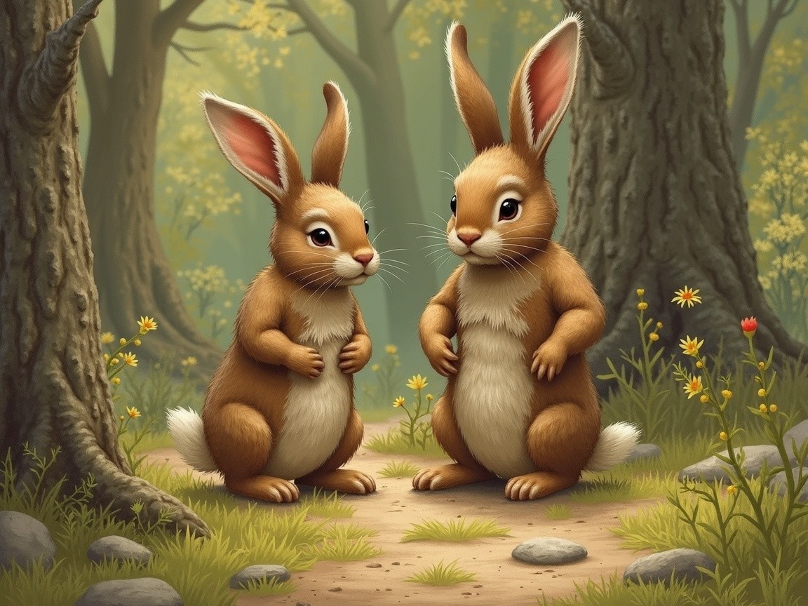 Anthropomorphic rabbits in a serene forest setting