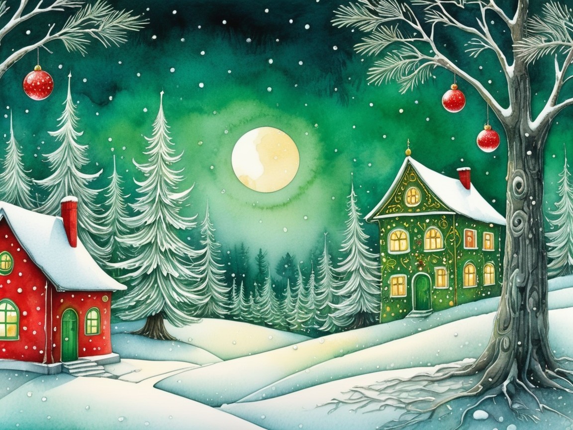 Winter Wonderland Watercolor with Snowy Cottages