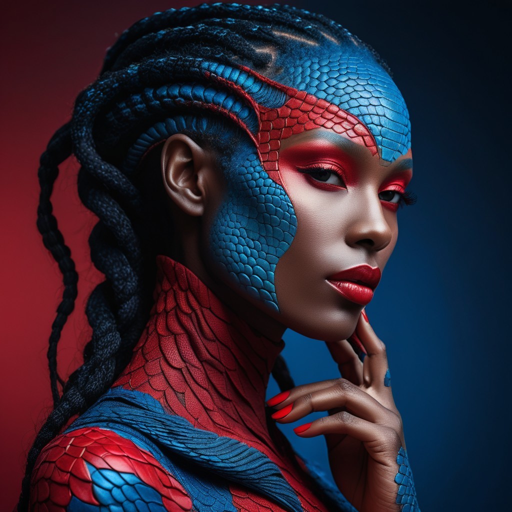 Vibrant Scaled Body Paint and Braided Hairstyle Display