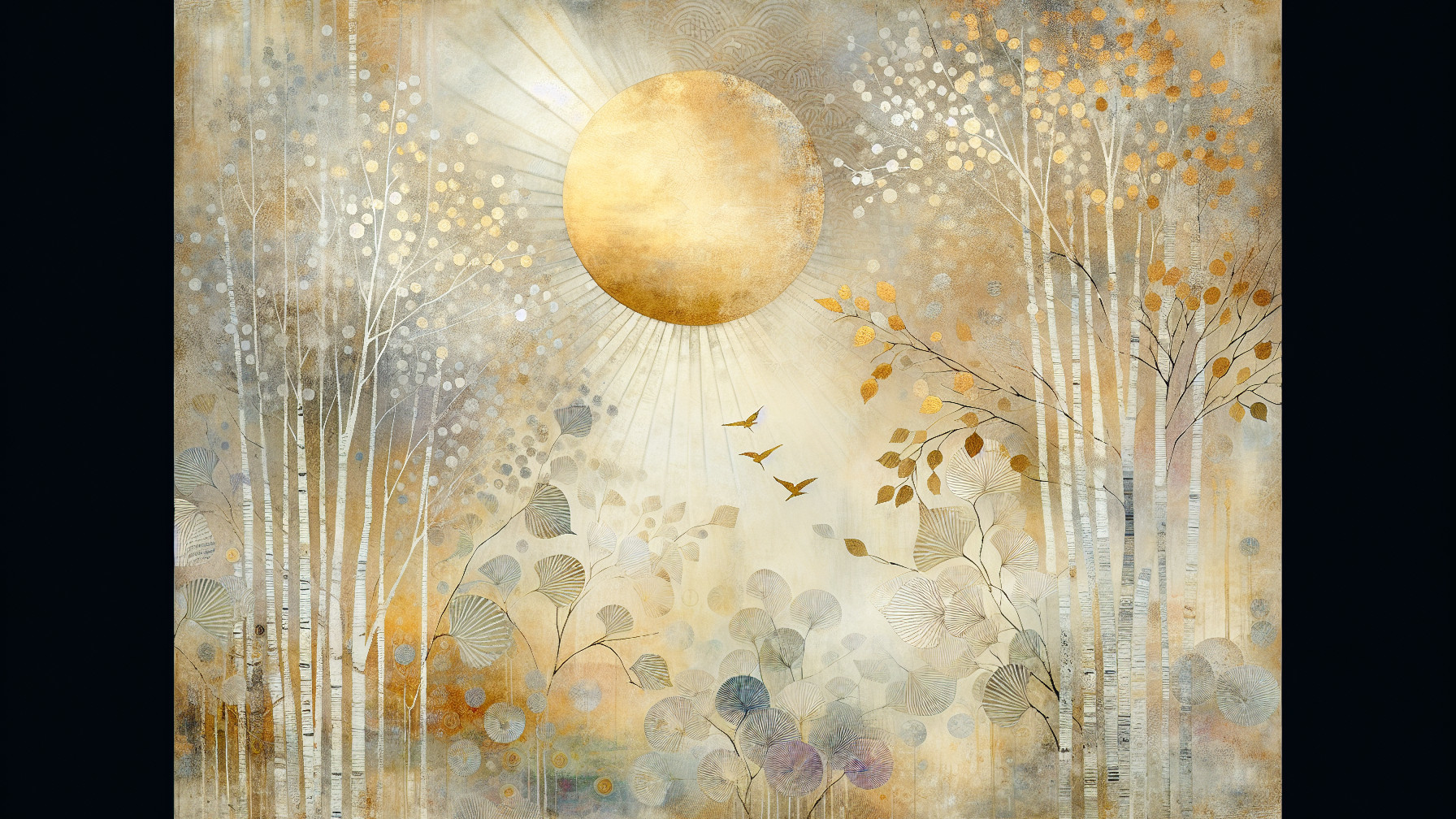 Serene Landscape with Glowing Sun and Ethereal Trees