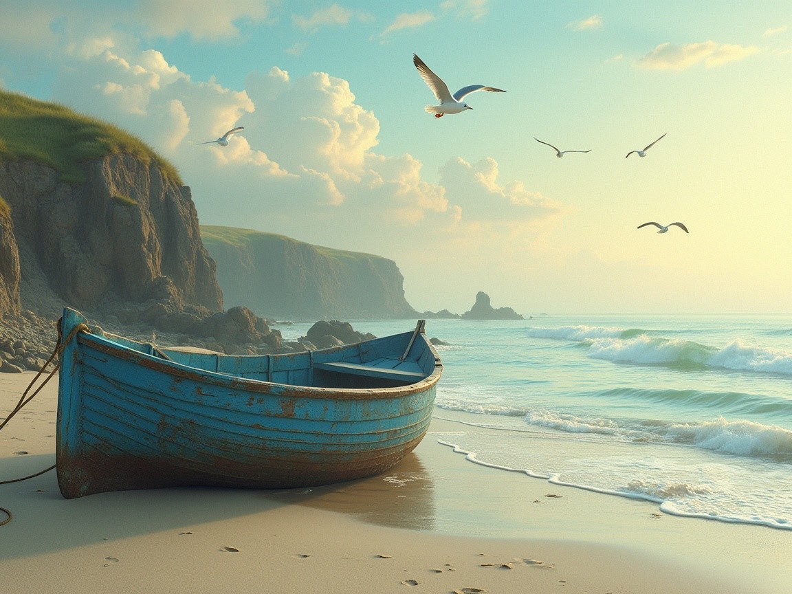 Serene Beach Scene with Blue Boat and Cliffs