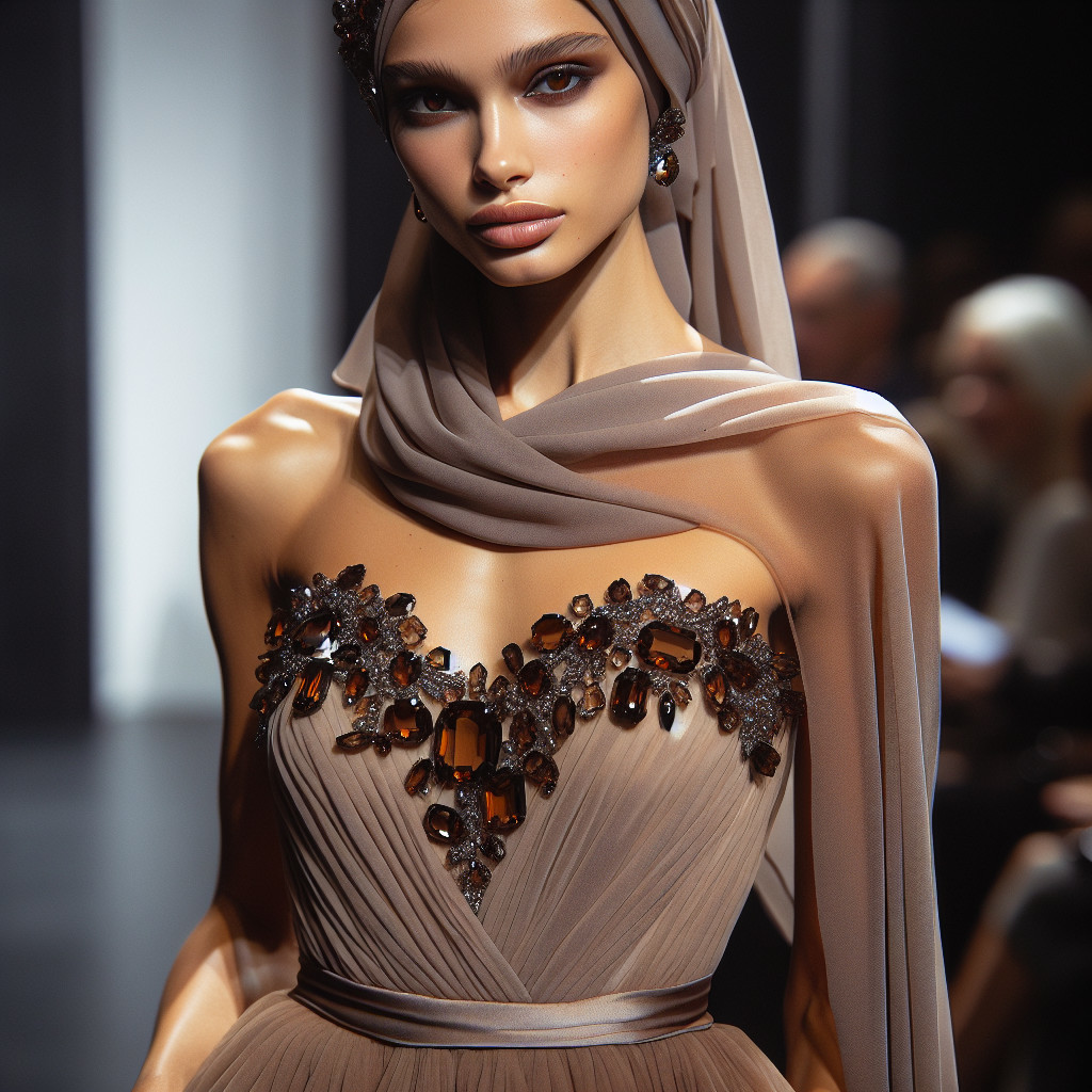 Elegant Beige Gown with Jewel Accents and Headscarf