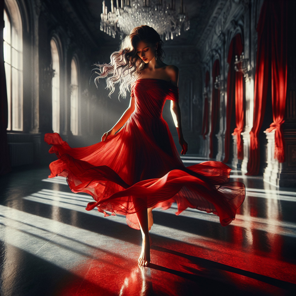 Elegant Figure in Red Dress in Dimly Lit Ballroom