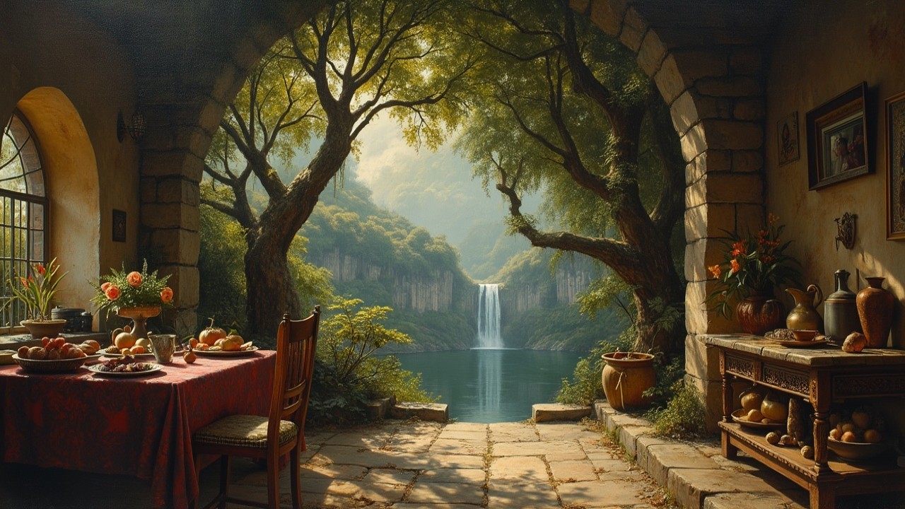 Tranquil Lake View Through Stone Archway with Fruits