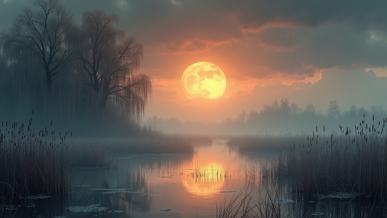 Serene Dusk Landscape with Moonlit Waterway and Reeds