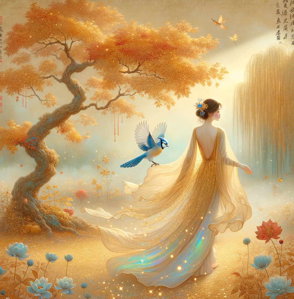 Elegant Woman in Golden Gown in Ethereal Landscape