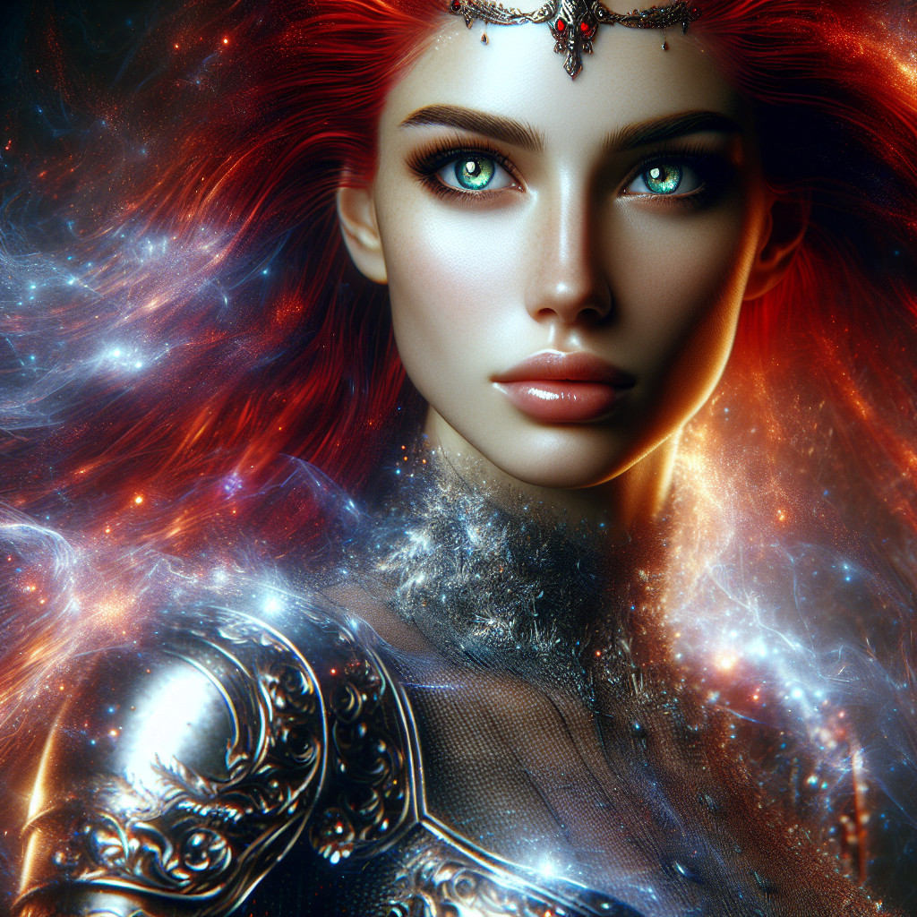 Female warrior in armor with red hair and galaxies